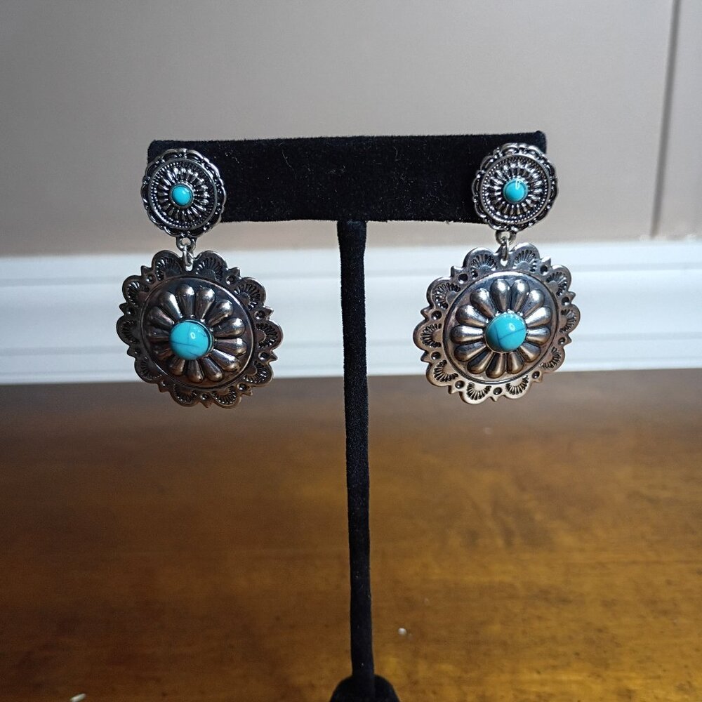 Western Turquoise Concho Earrings Cowgirl Southwestern Boho Dangle